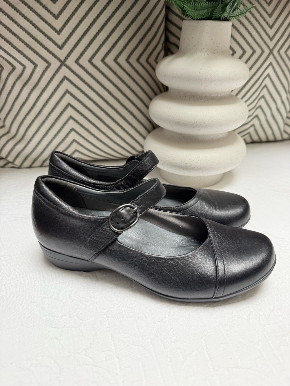 Dansko Black Leather Mary Jane Flats with Strap - Picture 2 of 10